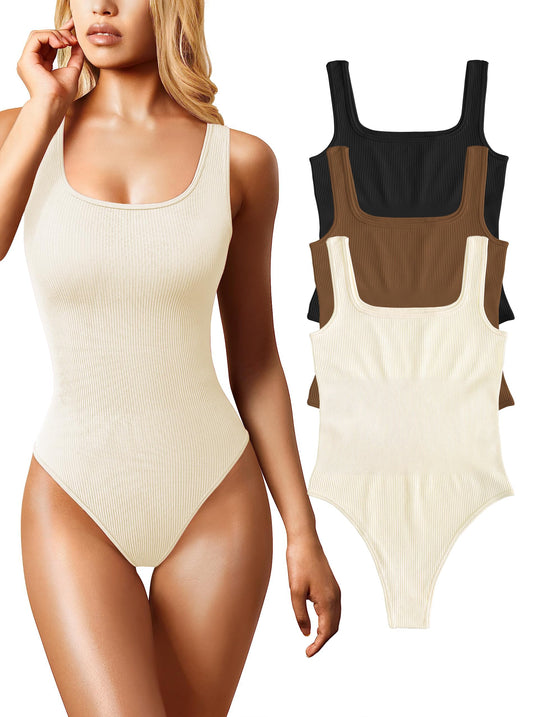eoeoo Womens 3 Piece Bodysuits Sexy Sleeveless Square Neck Ribbed Bodysuit Tank Tops Black Coffee Beige Medium