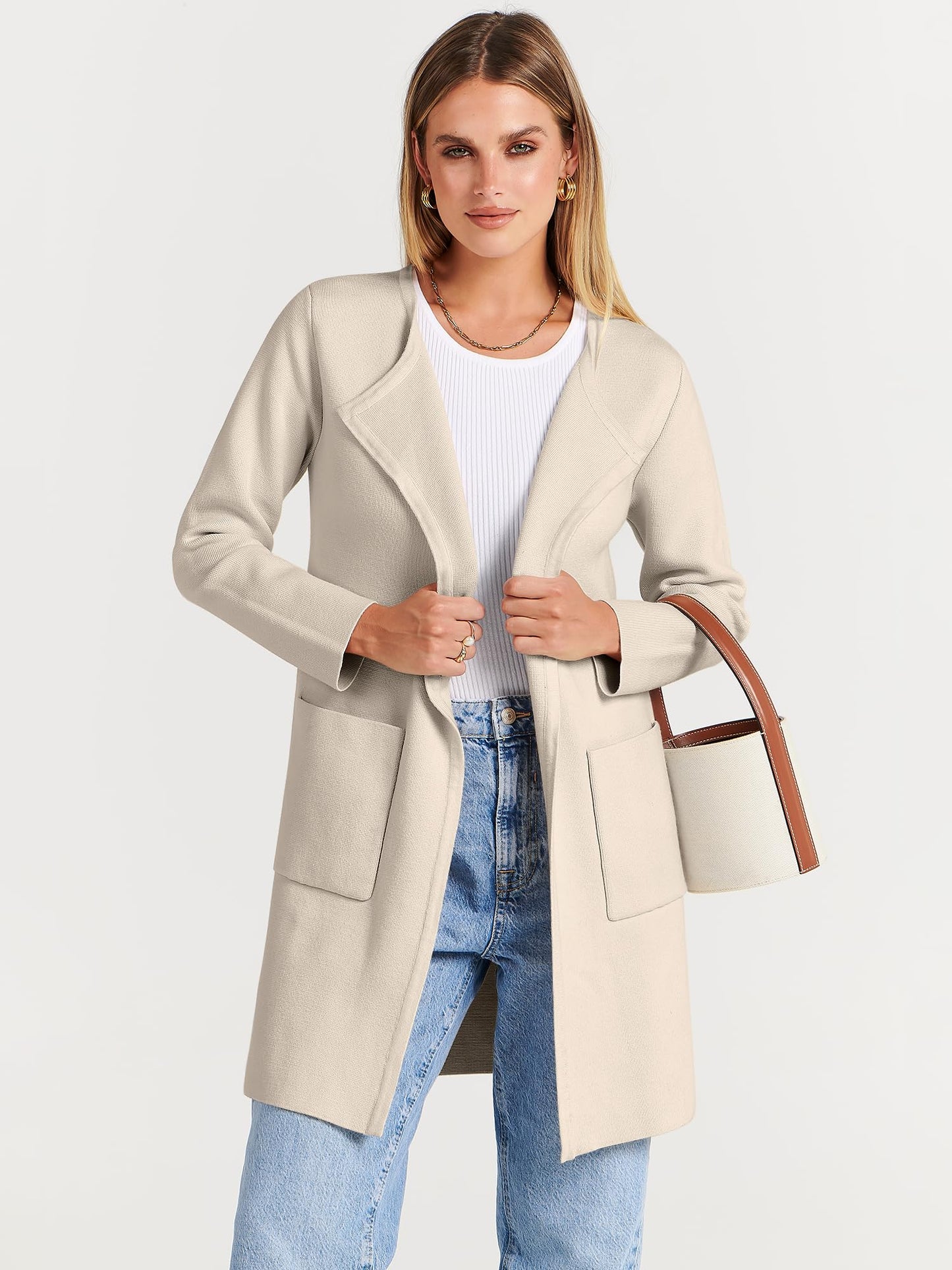 ANRABESS Women's Open Front Knit Lightweight Cardigan Casual Long Coatigan Sweater Lady Jacket Coat 2024 Fall Outerwear Beige Medium