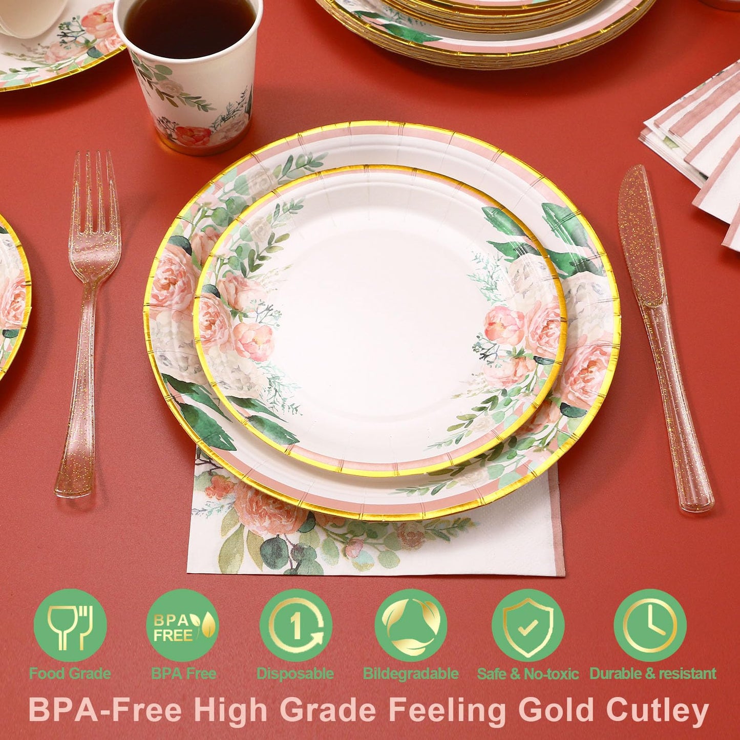Floral Party Supplies bridal shower paper plates and Napkins Sets for 24 Guest-Floral Party Disposable Paper Dinner Plates,Cups,Knives, Spoons, Forks, for Baby Shower Birthday Bridal Shower Tea Party