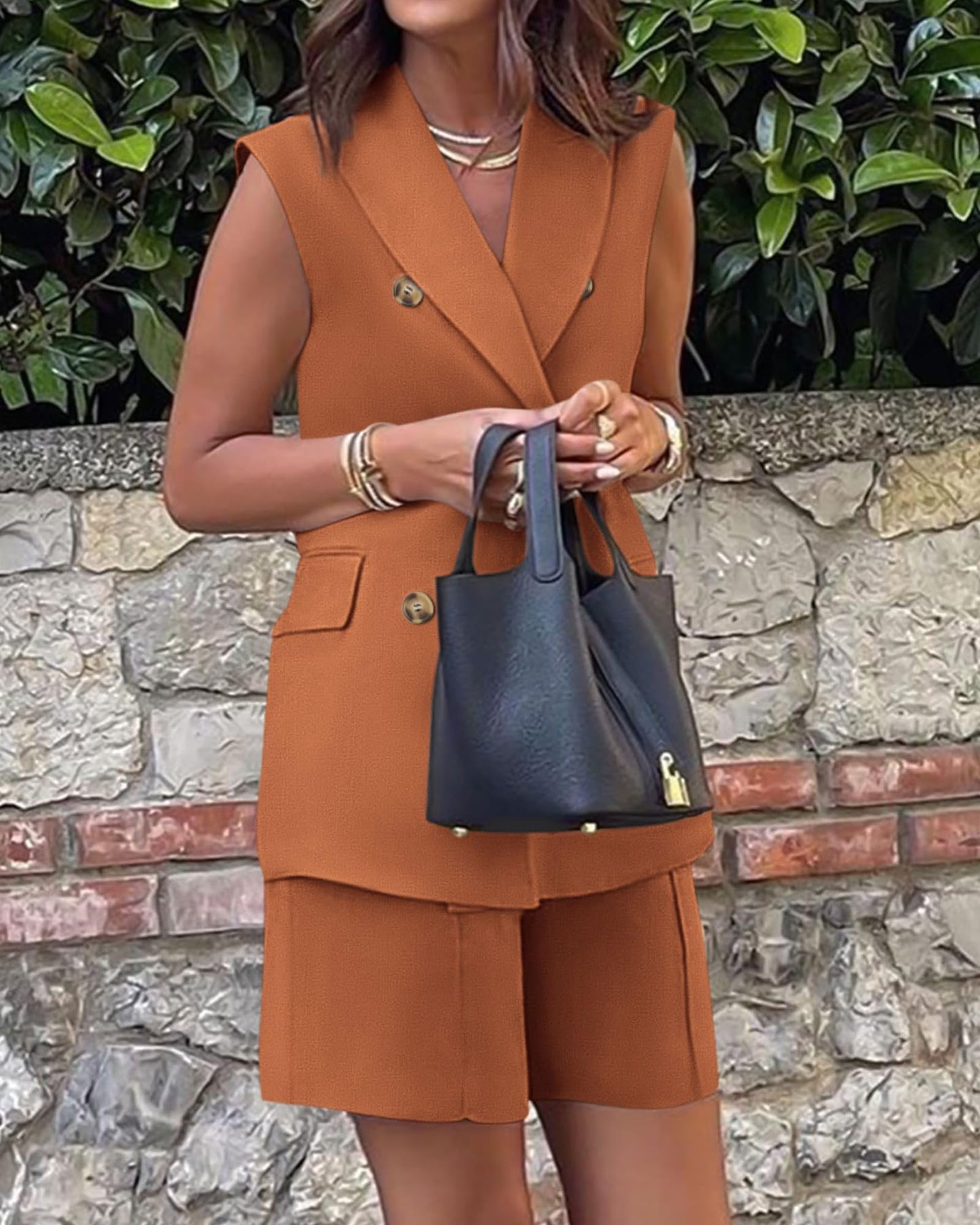 BTFBM Women's Casual Sleeveless Blazer Vest Shorts Sets Lapel V Neck Button Down Office 2 Piece Lounge Matching Sets(Solid Brick Red, Medium)