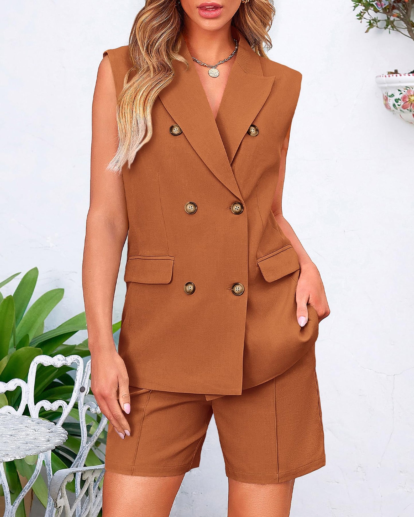 BTFBM Women's Casual Sleeveless Blazer Vest Shorts Sets Lapel V Neck Button Down Office 2 Piece Lounge Matching Sets(Solid Brick Red, Medium)