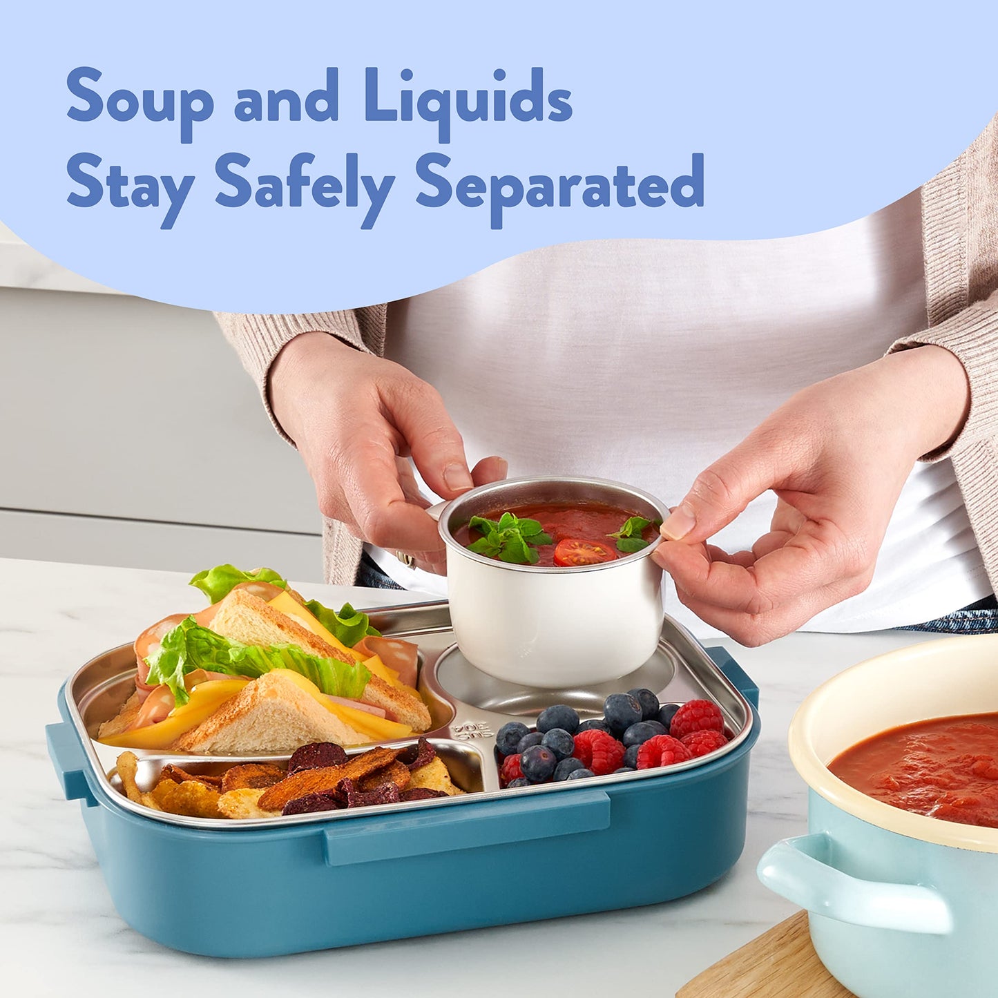 Stainless Steel Bento Box for Kids - Leakproof Lunch Box with Four Compartments and Separate Soup Cup with Silicone Lid for Kids and Adults (Blue)