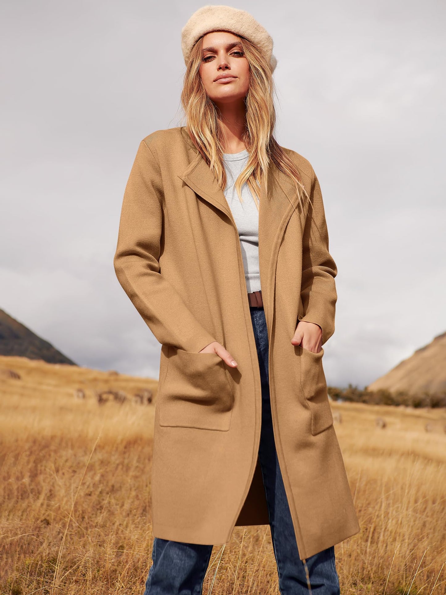 ANRABESS Women's Open Front Knit Lightweight Cardigan Casual Long Coatigan Sweater Lady Jacket Coat 2024 Fall Outerwear Light Brown Medium