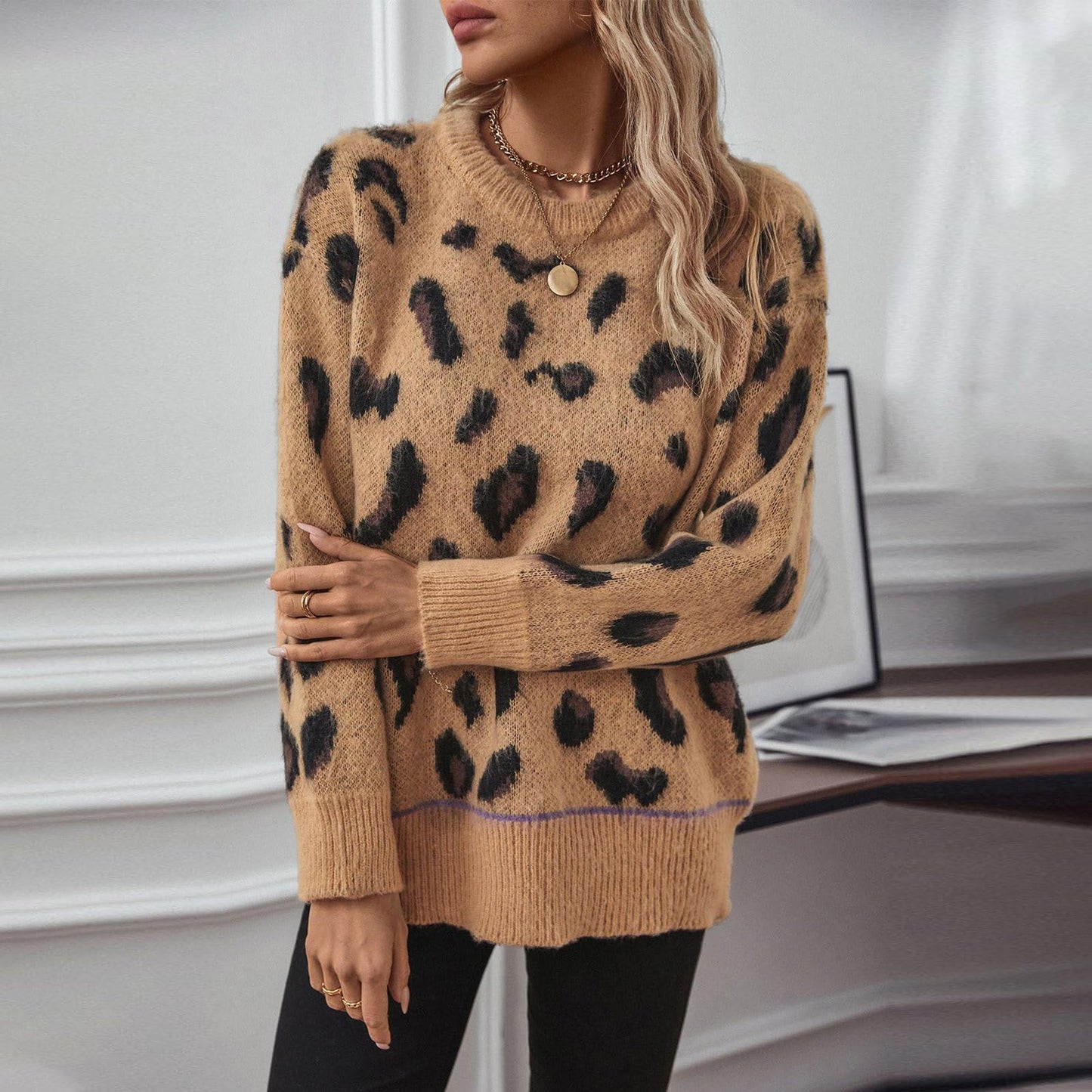 Womens Pullover Sweaters Crew Neck Relaxed Soft Classic Comfortable Sweaters for Women Khaki