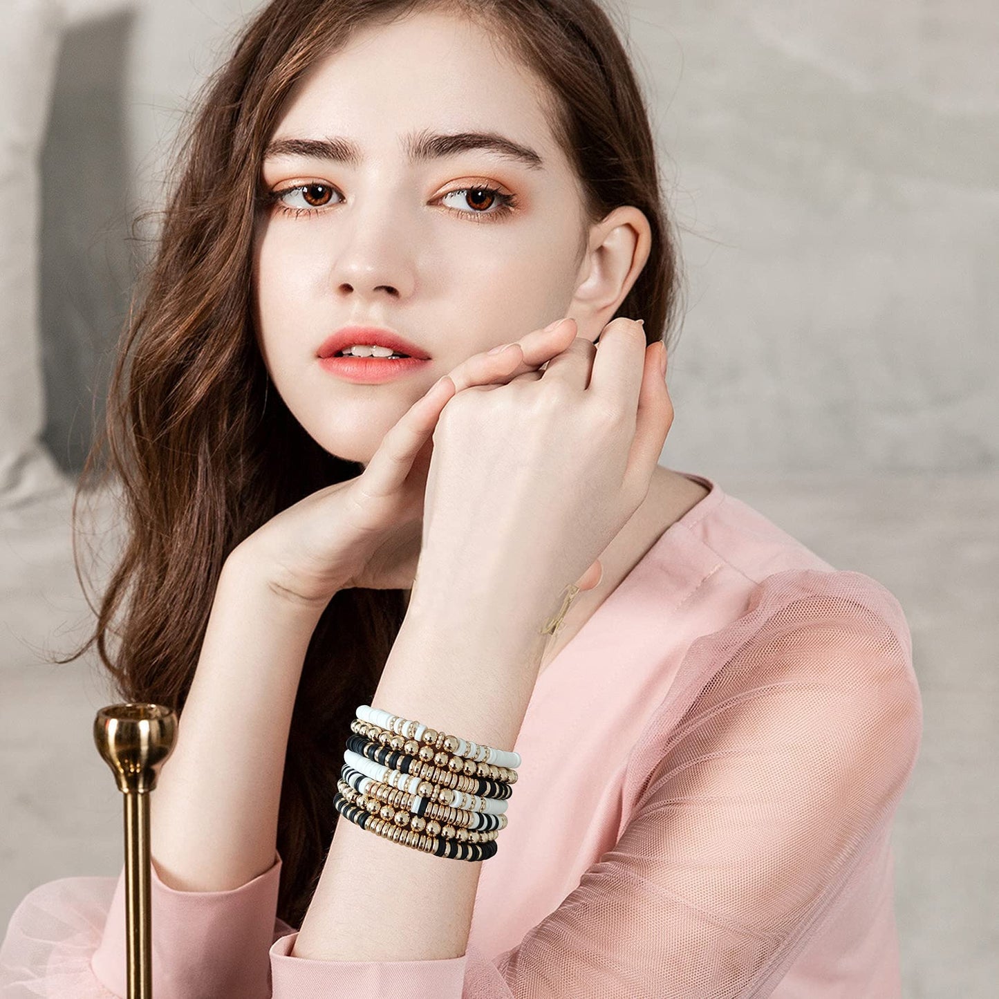 GOOJIDS Surfer Heishi Clay Bead Bracelets for Women Bohemian Stackable Gold Beaded Stretch Bracelets Elastic Layering Friendship Bracelets Boho Jewelry Gifts