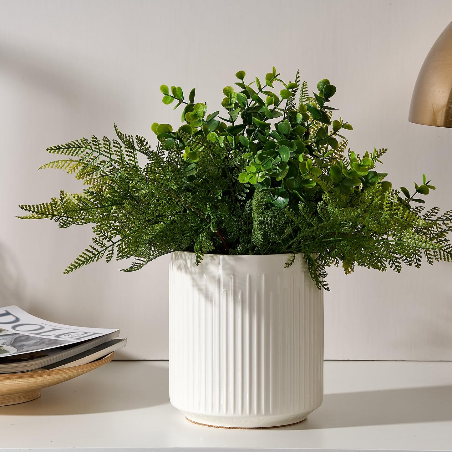 JIEMEI HOME Kitchen Utensil Holder, 7.2" Large Ceramic Stable Utensil Crock for Kitchen Counter, Utensil Holder with Cork Mat, Removable Bamboo Divider for Easy, Kitchen Decor and Accessories, White