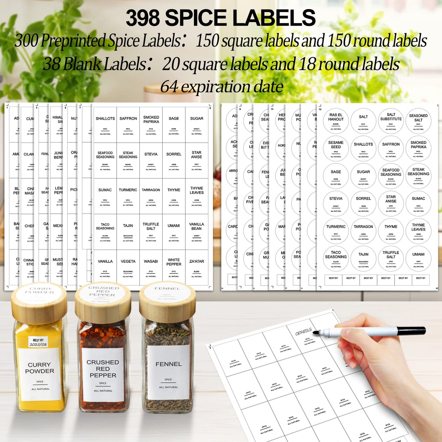 AISIPRIN Glass Spice Jars with Bamboo Lids | Square Spice Jar with Labels | Spice Bottles With Shaker Lids | Spice Containers | for Cabinet,Drawer,Spice Rack | Seasoning Organizer (Pack of 24)