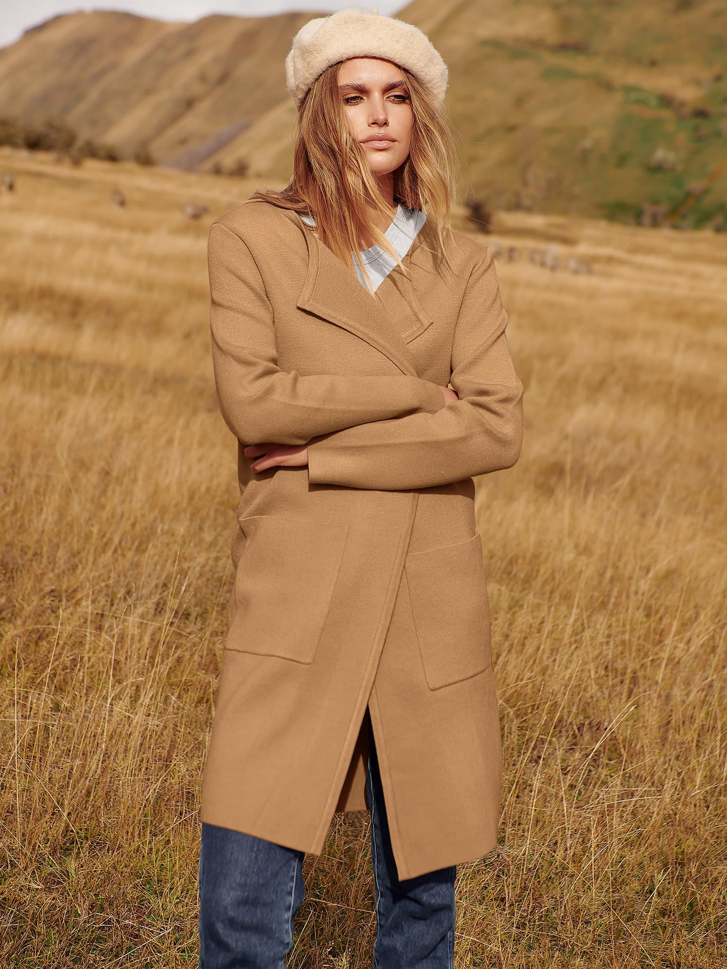 ANRABESS Women's Open Front Knit Lightweight Cardigan Casual Long Coatigan Sweater Lady Jacket Coat 2024 Fall Outerwear Light Brown Medium