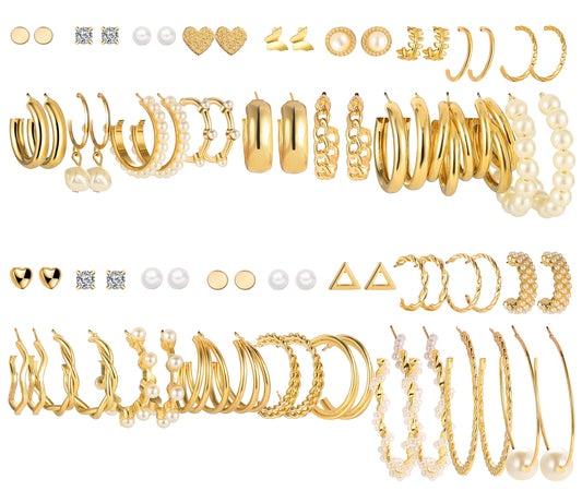 36 Pairs Gold Earrings Set for Women, Fashion Pearl Chain Link Stud Drop Dangle Earrings Multipack Hoop Earring Packs, Hypoallergenic Earrings for Birthday Party Jewelry