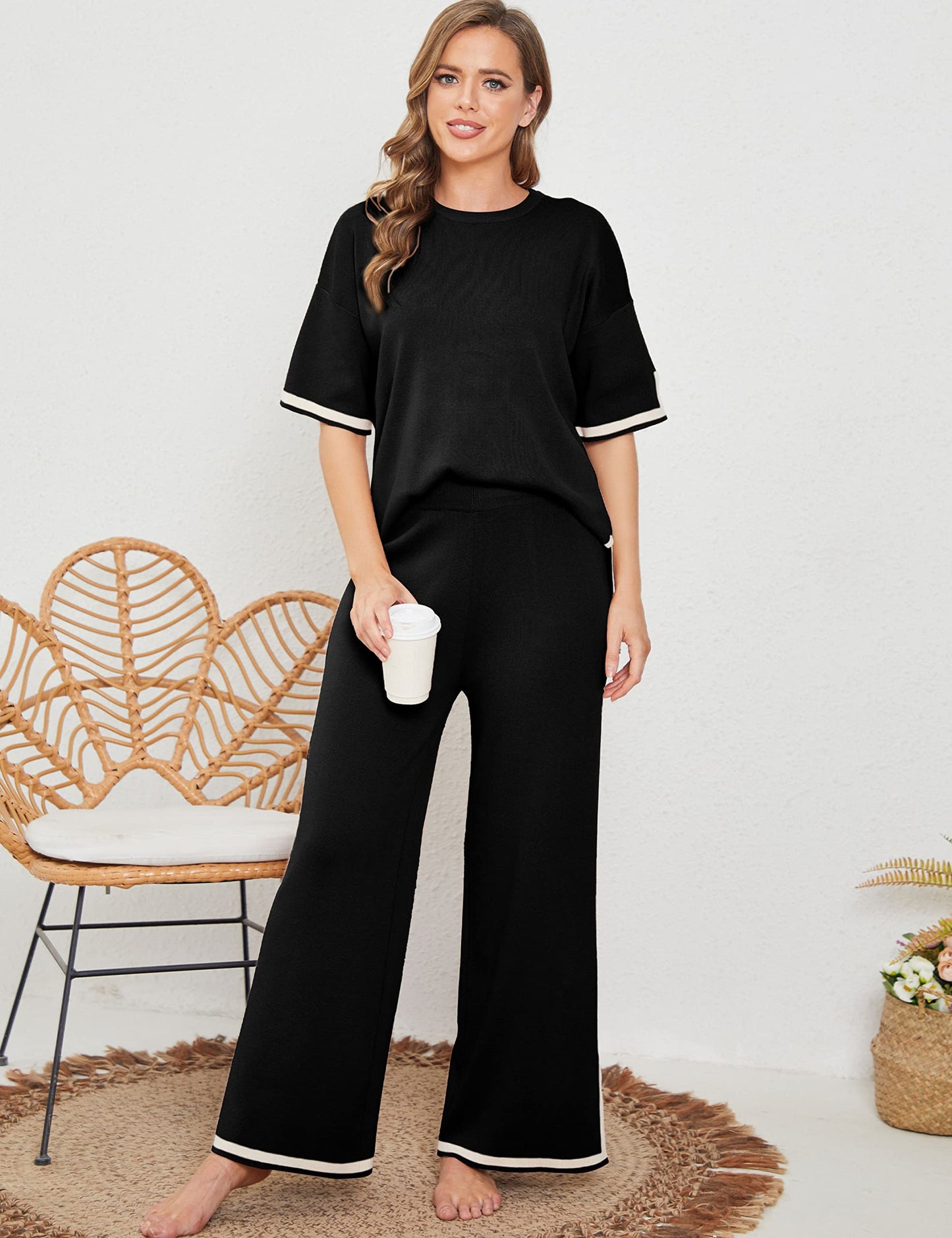 Tanming Sweater Sets Women 2 Piece Lounge Sets Short Sleeve Knit Pullover Tops Wide Leg Pants (Black-M)