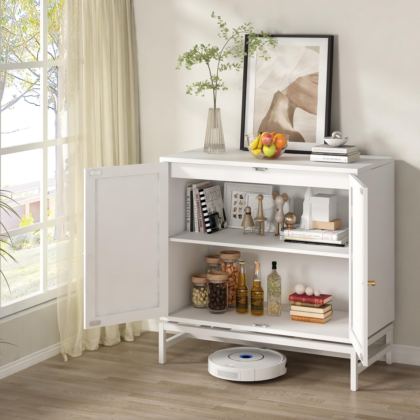 Lamerge Sideboard Buffet Cabinet, Rattan Kitchen Storage Cabinet with 2 Doors,Cupboard Console Table with Adjustable Shelves,Accent Cabinet for Dining Room, Bedroom, Hallway,White