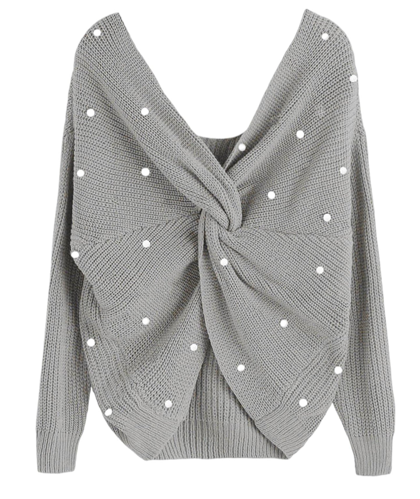 Sexyshine Women's V Neck Criss Cross Backless Pearl Long Batwing Sleeve Loose Knitted Sweater Pullovers,Light Grey