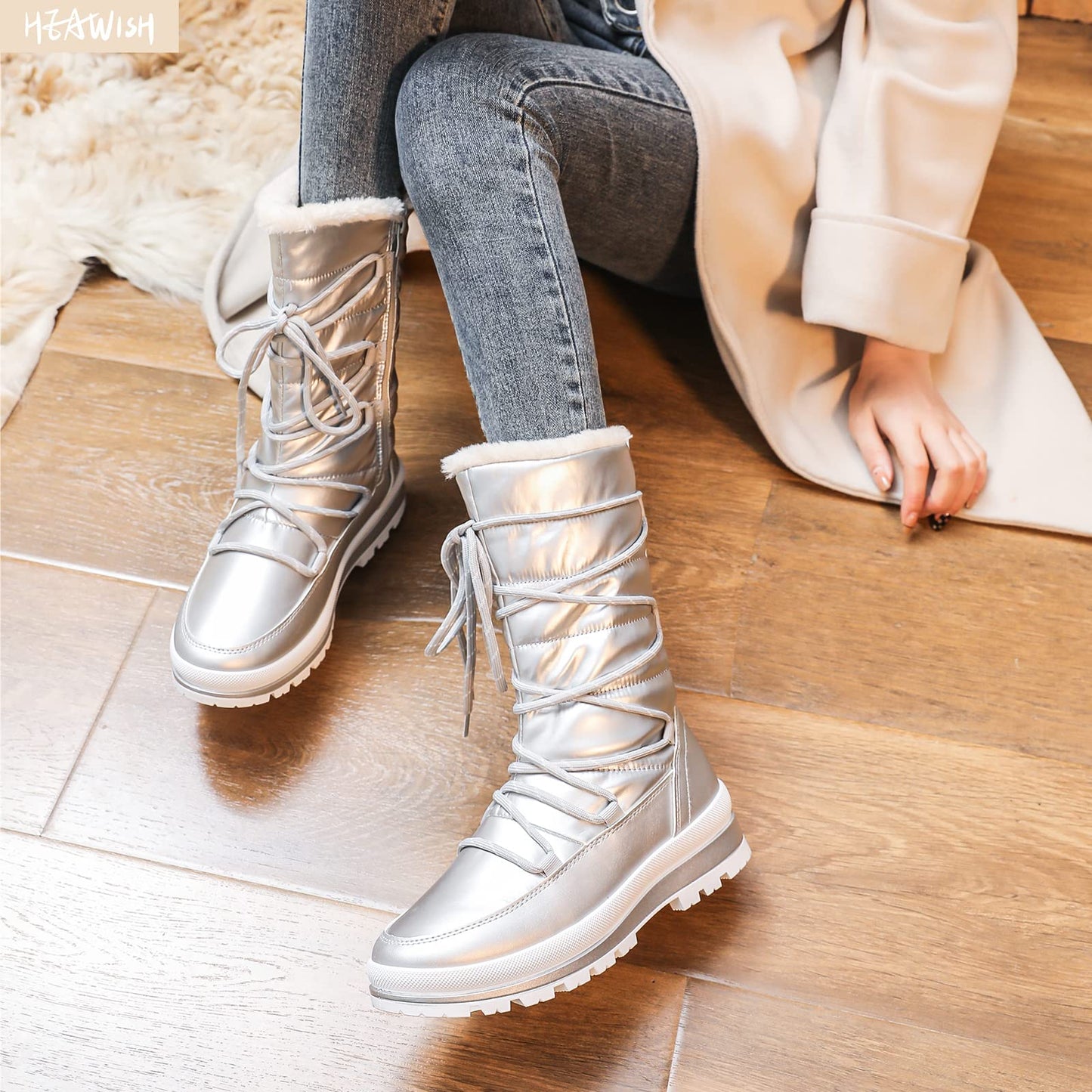 HEAWISH Women’s Winter Snow Boot Fur Lined Mid Calf Warm Boots(Silver, US8)