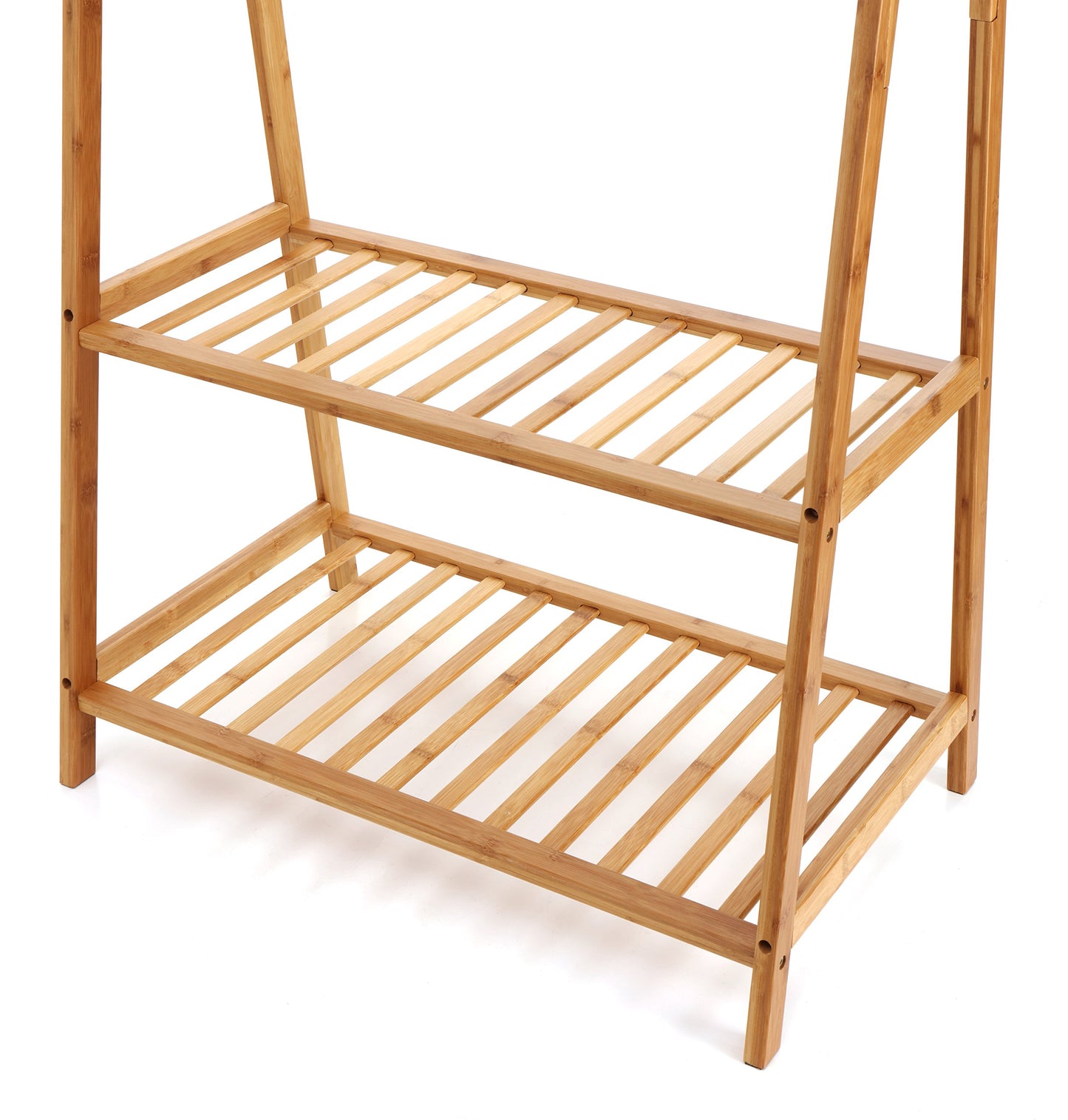 Finnhomy Bamboo Clothes Rack Portable Extra Large Garment Rack 2-Tire Storage Box Shelves For Entryway and Bed Room Patented Design