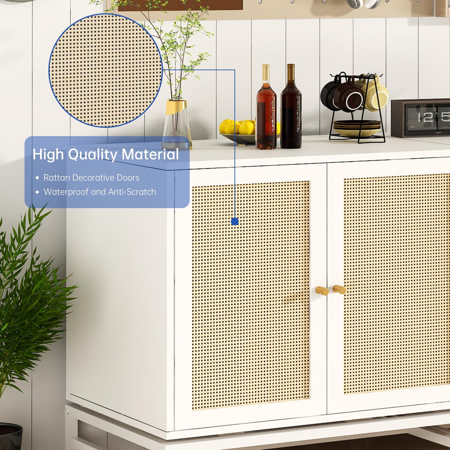 Lamerge Sideboard Buffet Cabinet, Rattan Kitchen Storage Cabinet with 2 Doors,Cupboard Console Table with Adjustable Shelves,Accent Cabinet for Dining Room, Bedroom, Hallway,White