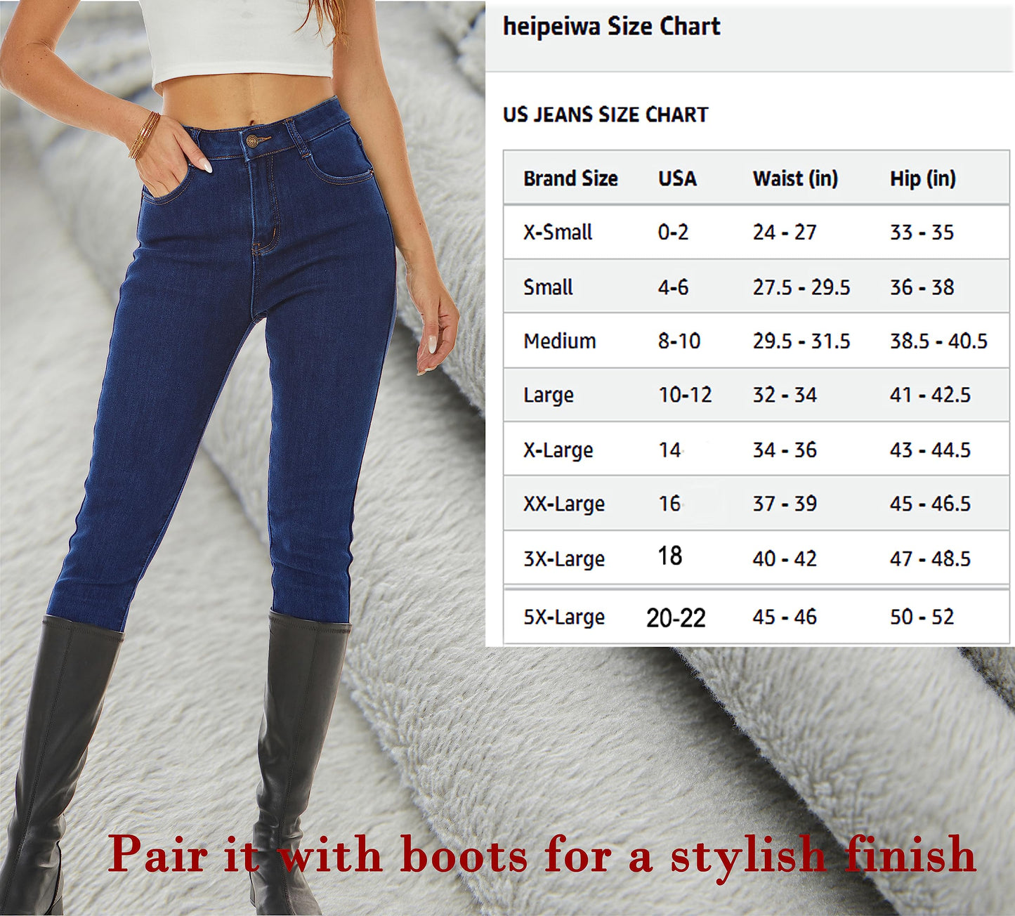 heipeiwa Womens Winter Jeans Fleece Lined Jeans Thermal Thick Skinny Denim Pants Slim Stretch Warm Jeggings Blue