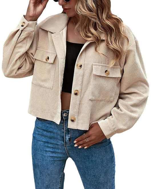 Gihuo Women's Fashion Cropped Shacket Button Down Corduroy Shacket Jackets Casual Plaid Long Sleeve Crop Jackets Tops(Apricot-M)
