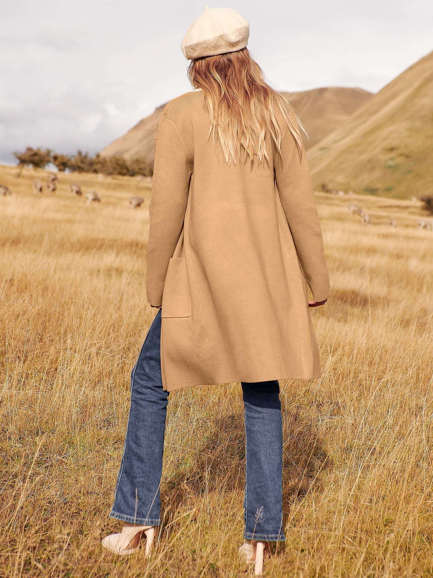 ANRABESS Women's Open Front Knit Lightweight Cardigan Casual Long Coatigan Sweater Lady Jacket Coat 2024 Fall Outerwear Light Brown Medium