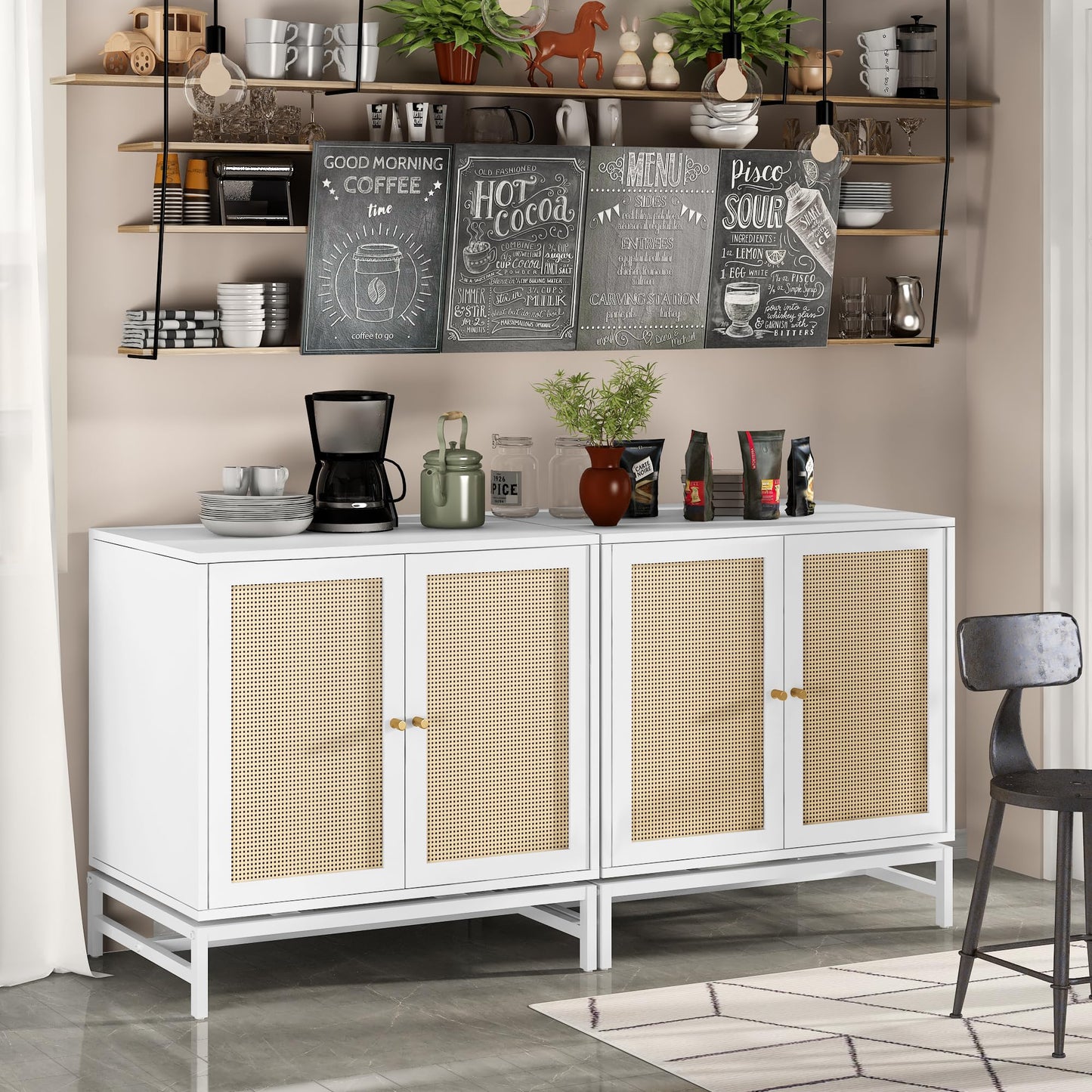 Lamerge Sideboard Buffet Cabinet, Rattan Kitchen Storage Cabinet with 2 Doors,Cupboard Console Table with Adjustable Shelves,Accent Cabinet for Dining Room, Bedroom, Hallway,White