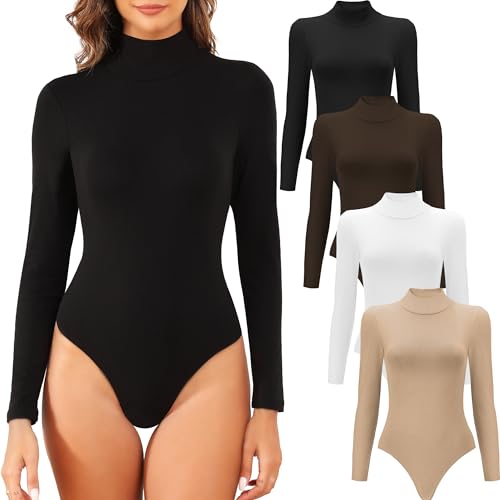 MLYENX 4 Pack Long Sleeve Bodysuit for Women Mock Turtleneck Casual Basic Stretchy Body Suits Tops