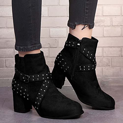 oiangi Womens Winter Boots Chunky Heel 2022 Fashion Round Toe Suede Studded Cross Belt Buckle Side Zipper Block High Heel Boots Solid Casual Ladies Shoes