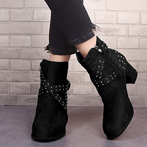 oiangi Womens Winter Boots Chunky Heel 2022 Fashion Round Toe Suede Studded Cross Belt Buckle Side Zipper Block High Heel Boots Solid Casual Ladies Shoes