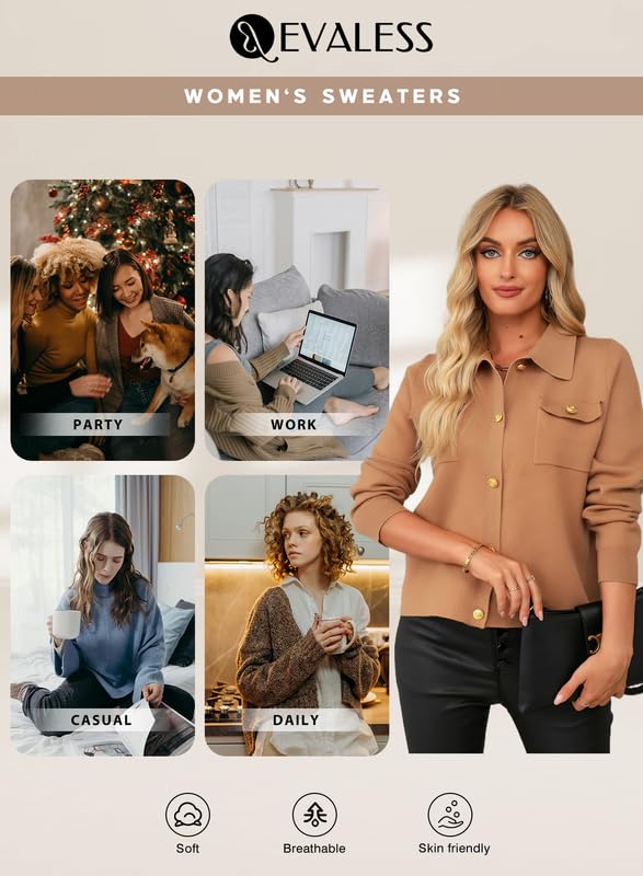 EVALESS Sweaters for Women Button Down Cardigan Fashion 2024 Crop Dressy Casual Outfits Fall Autumn Lightweight Long Sleeve Open Front Cable Knit Beige Cardigans Sweaters for Women Winter Coat, Medium
