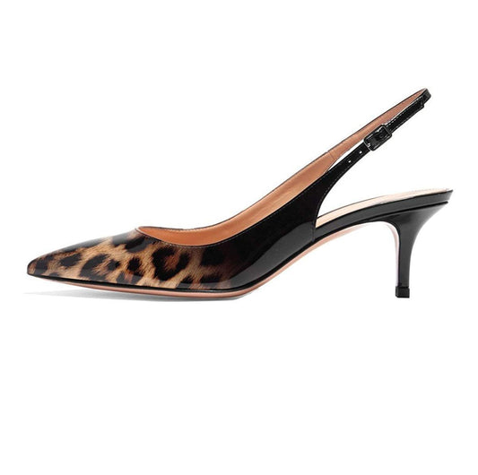 FSJ Women Classic Slingback Pumps Low Kitten Mid Heels Sandals Pointy Toe Comfortable Formal Dress Shoes Size 4 Leopard-Gradient