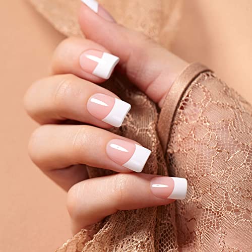 KISS Salon Acrylic Press On Nails, Nail glue included, 'Sugar Rush', French, Medium Size, Square Shape, Includes 28 Nails, 2g Glue, 1 Manicure Stick, 1 Mini File