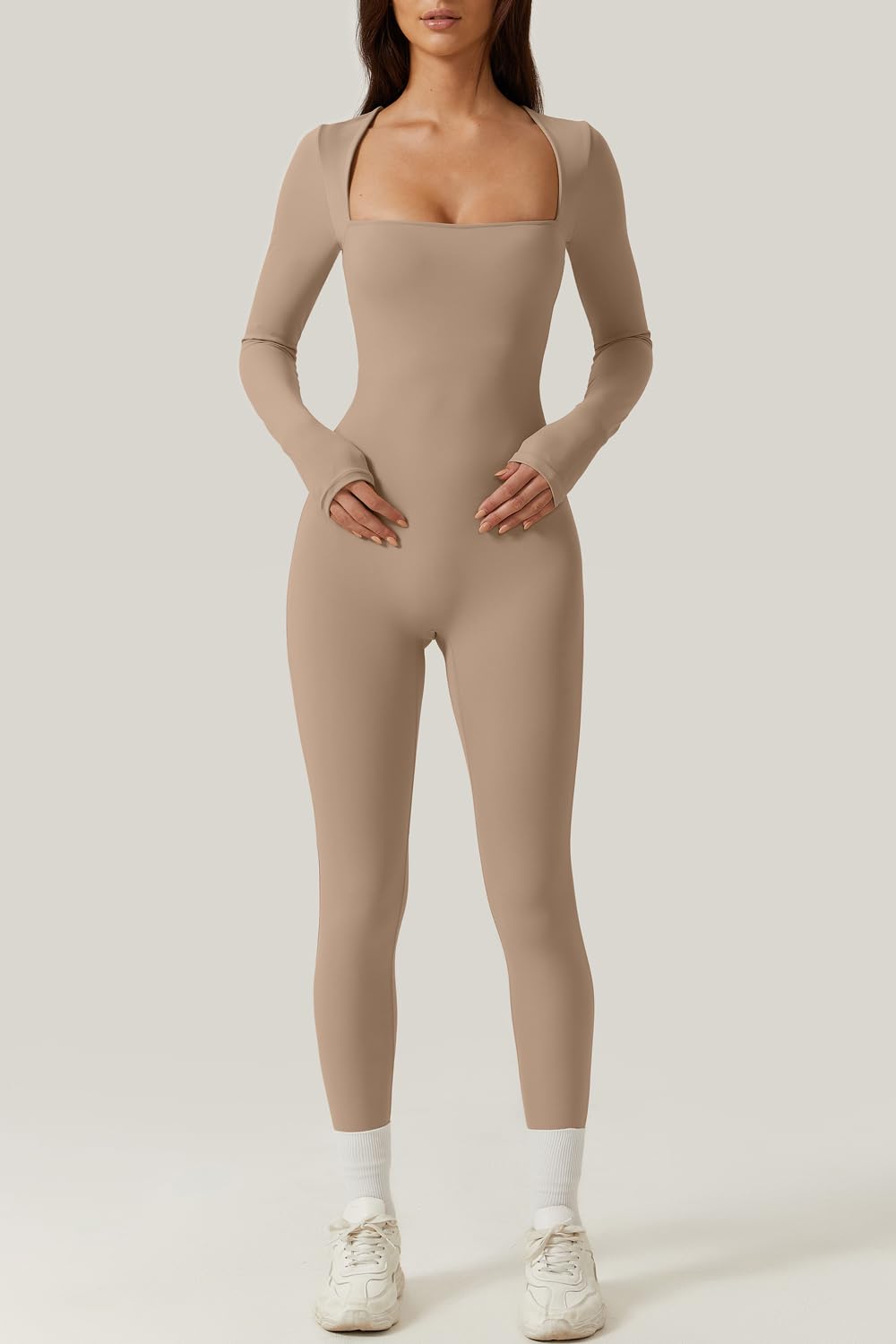 QINSEN Womens Square Neck Bodycon Jumpsuit Rompers for Party Club Night Out Cococa Cream M