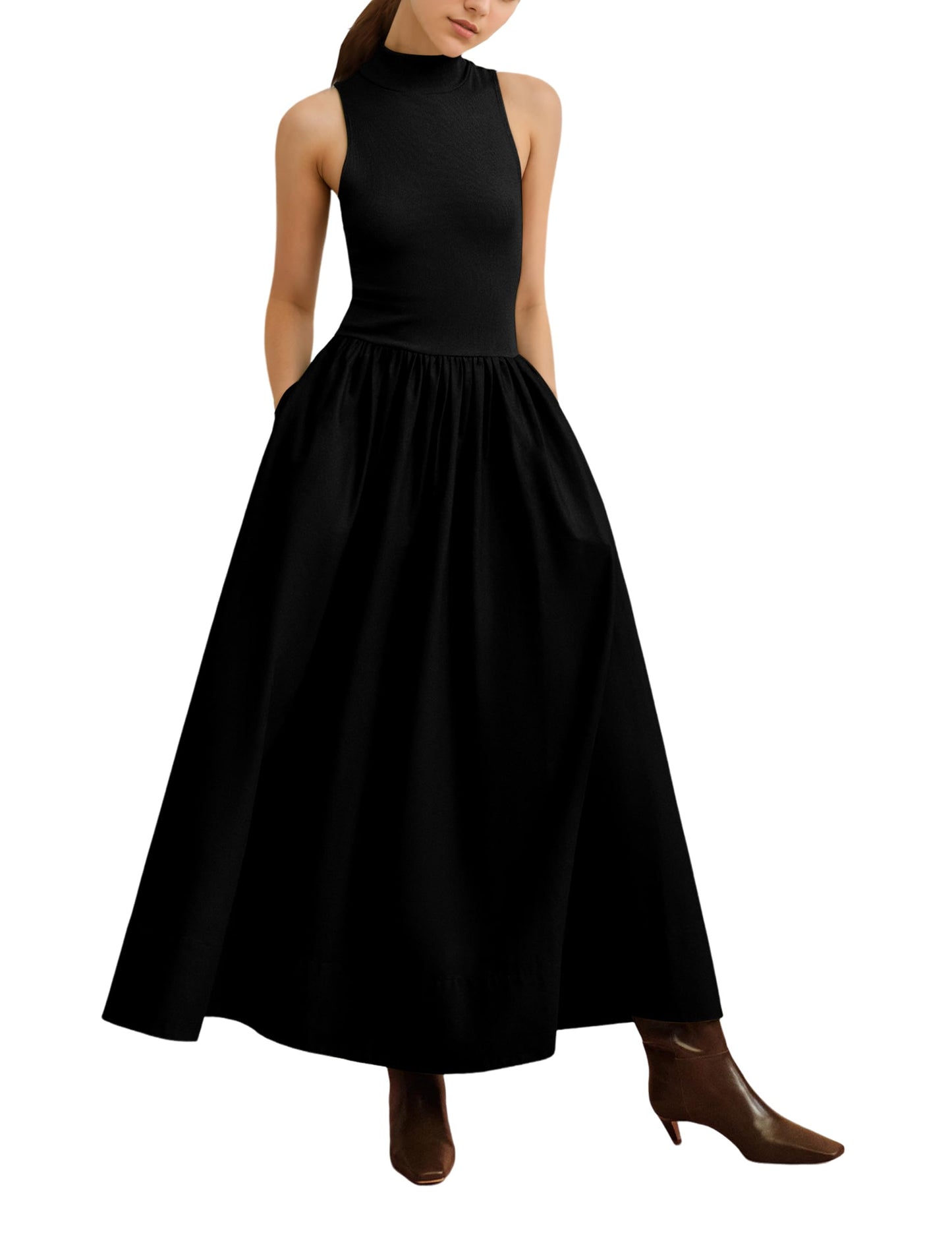 Lauweion Women's Sleeveless Turtleneck Maxi Dress Patchwork Casual Solid Flowy Mock Neck Tank Top Dress with Pockets Black