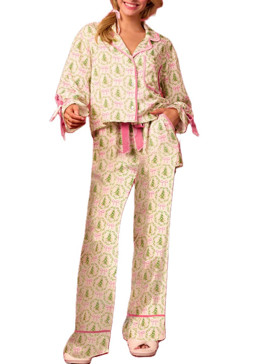 Leyajedol Women Silk Christmas Pajamas 2 Piece Satin Ribbon Tie Front Pjs Xmas Graphic Long Sleeve Shirt Pants Set Sleepwear