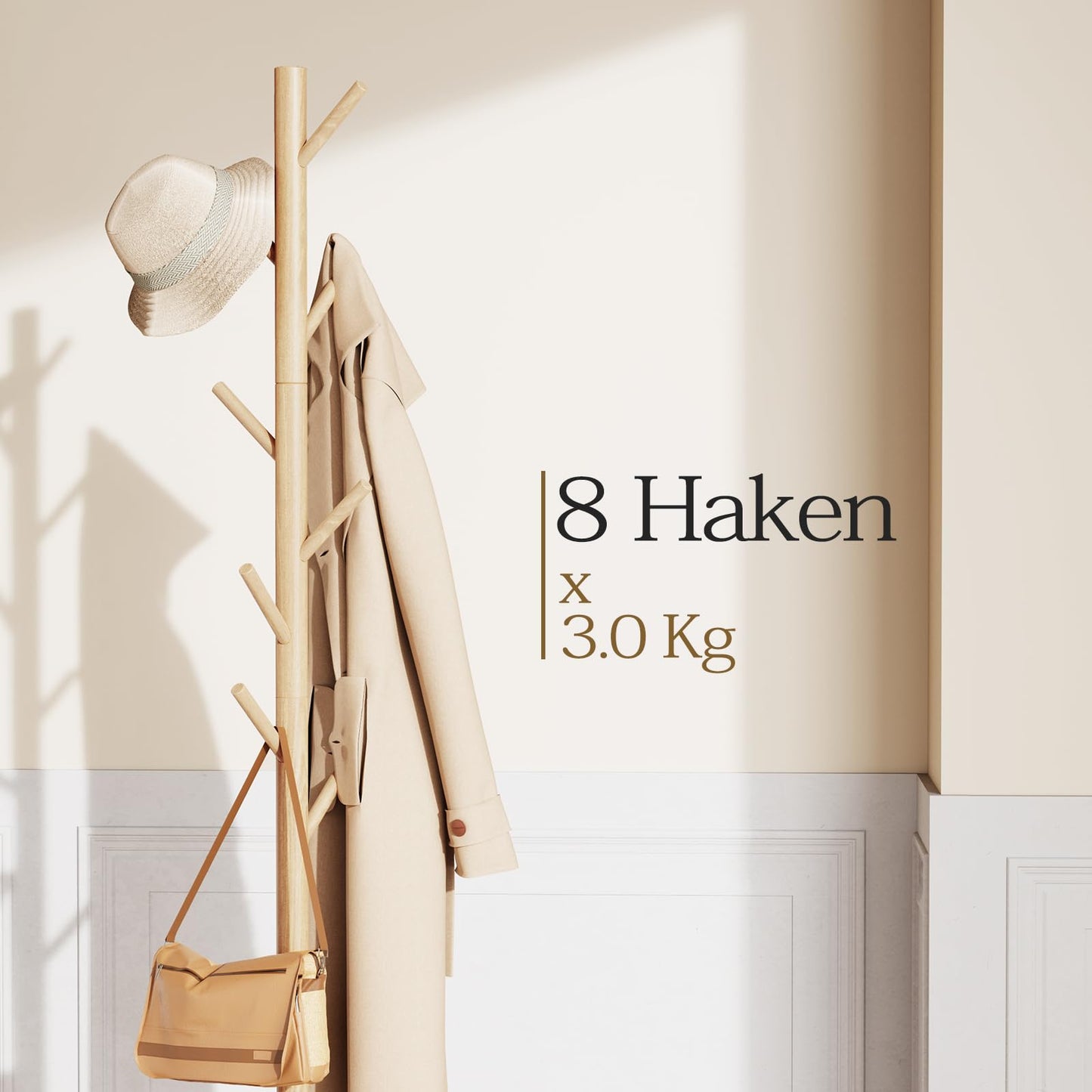 Pipishell Coat Rack Sturdy Wooden Coat Rack Stand, Adjustable Coat Tree, Free Standing Tree Hanger with 4 Sections & 8 Hooks, for Home/Bedroom/Office/Hallway/Entryway