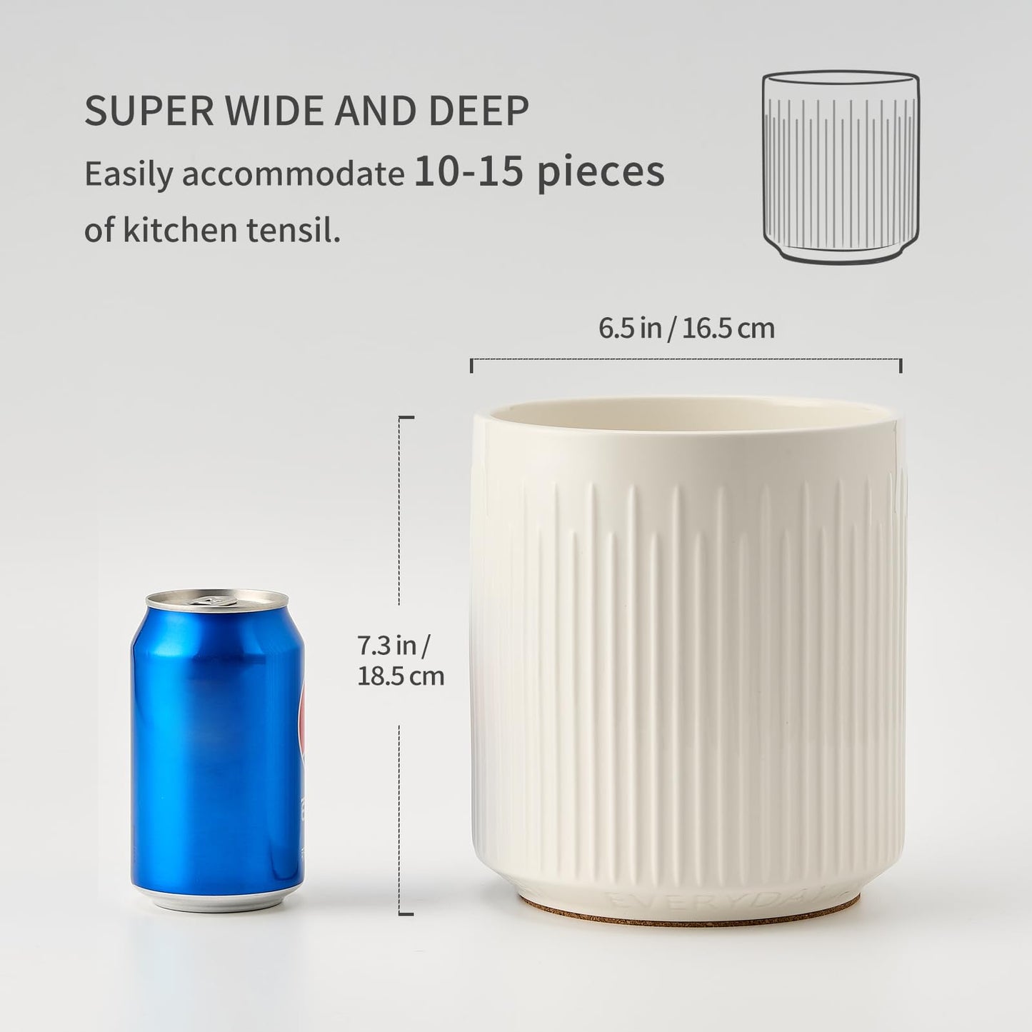 JIEMEI HOME Kitchen Utensil Holder, 7.2" Large Ceramic Stable Utensil Crock for Kitchen Counter, Utensil Holder with Cork Mat, Removable Bamboo Divider for Easy, Kitchen Decor and Accessories, White