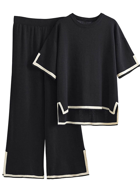 Tanming Sweater Sets Women 2 Piece Lounge Sets Short Sleeve Knit Pullover Tops Wide Leg Pants (Black-M)