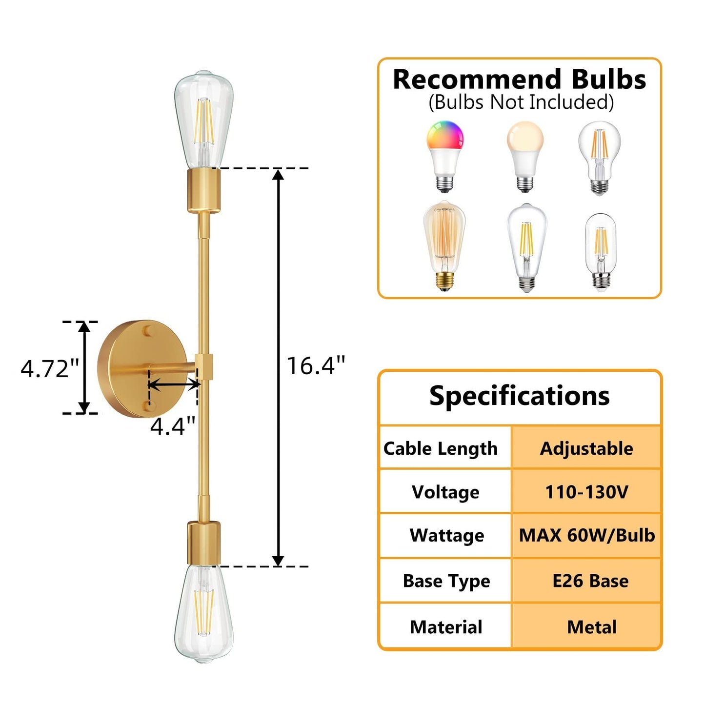 FadimiKoo 2-Light Gold Sconces Wall Light Fixtures, Bathroom Vanity Light Fixtures Over Mirror, Modern Brushed Brass Indoor Semi Flush Mount Lighting for Hallway Bedroom Kitchen (1 Pack)