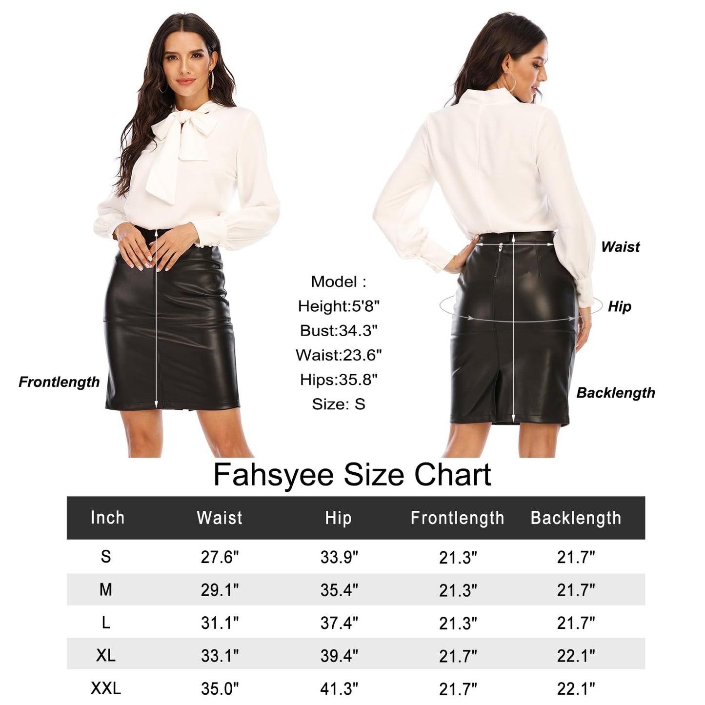 Fahsyee Womens Faux Leather Skirt, Pencil High Waisted Slim Fit Elegant Zipper Closure Office Midi Skirts Plus Size M Black