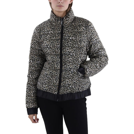 TAHARI Womens Insulated Animal Print Puffer Jacket Brown L