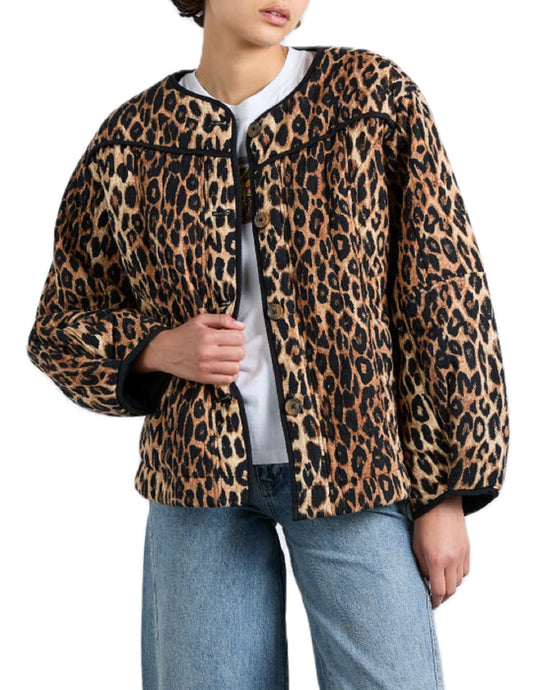 Seyurigaoka Women’s Cropped Floral Quilted Jacket Lightweight Vintage Boho Print Patchwork Padded Puffer Coat Winter (Brown Leopard, M)