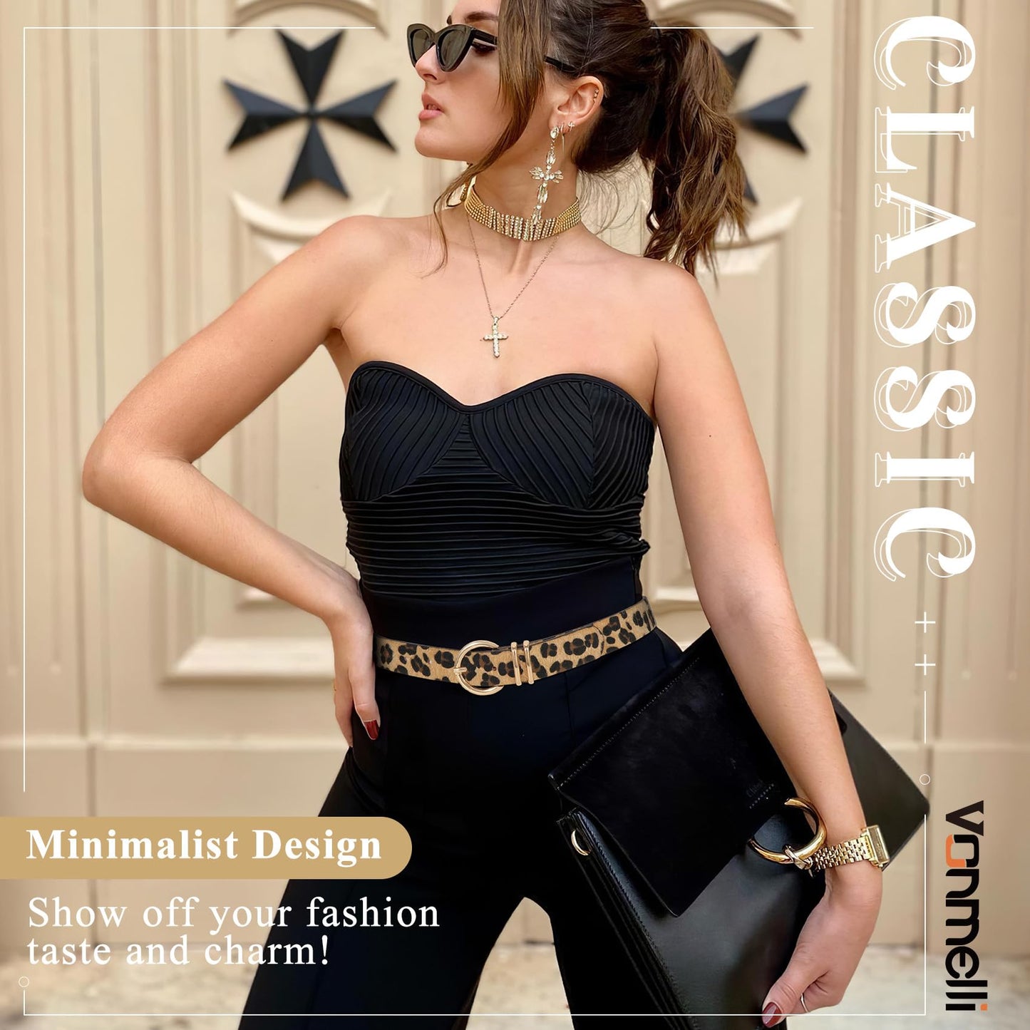 VONMELLI 3 Pack Women's Leather Belts for Jeans Dresses Ladies Waist Belt with Fashion Gold Buckle Black Leopard Brown M