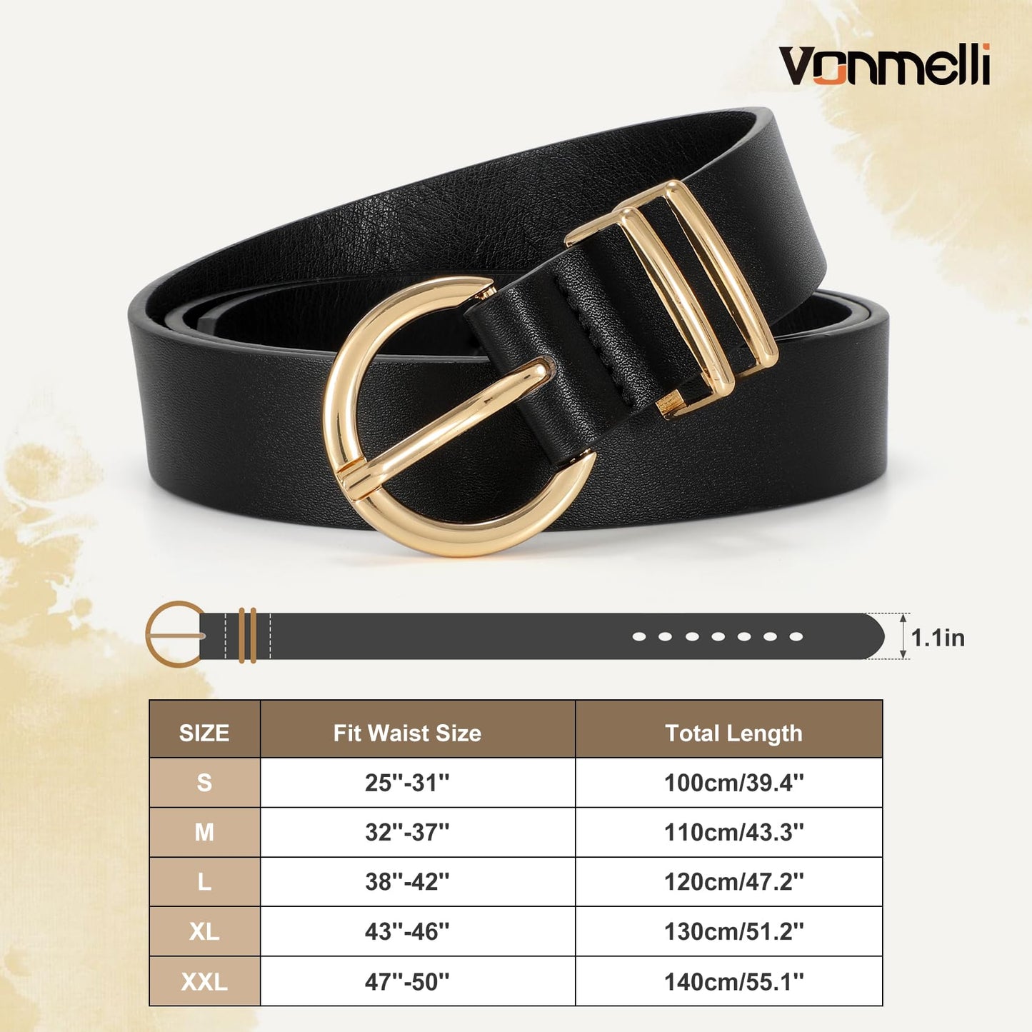 VONMELLI 3 Pack Women's Leather Belts for Jeans Dresses Ladies Waist Belt with Fashion Gold Buckle Black Leopard Brown M