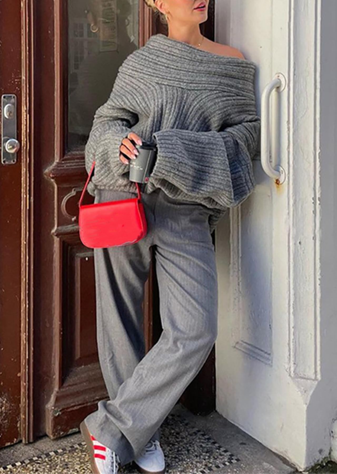 LETSVDO Womens Off Shoulder Pullover Sweaters Knitted Plus Size Dolman Sleeve Casual Oversized Loose Tunic Slouchy Sweaters Grey