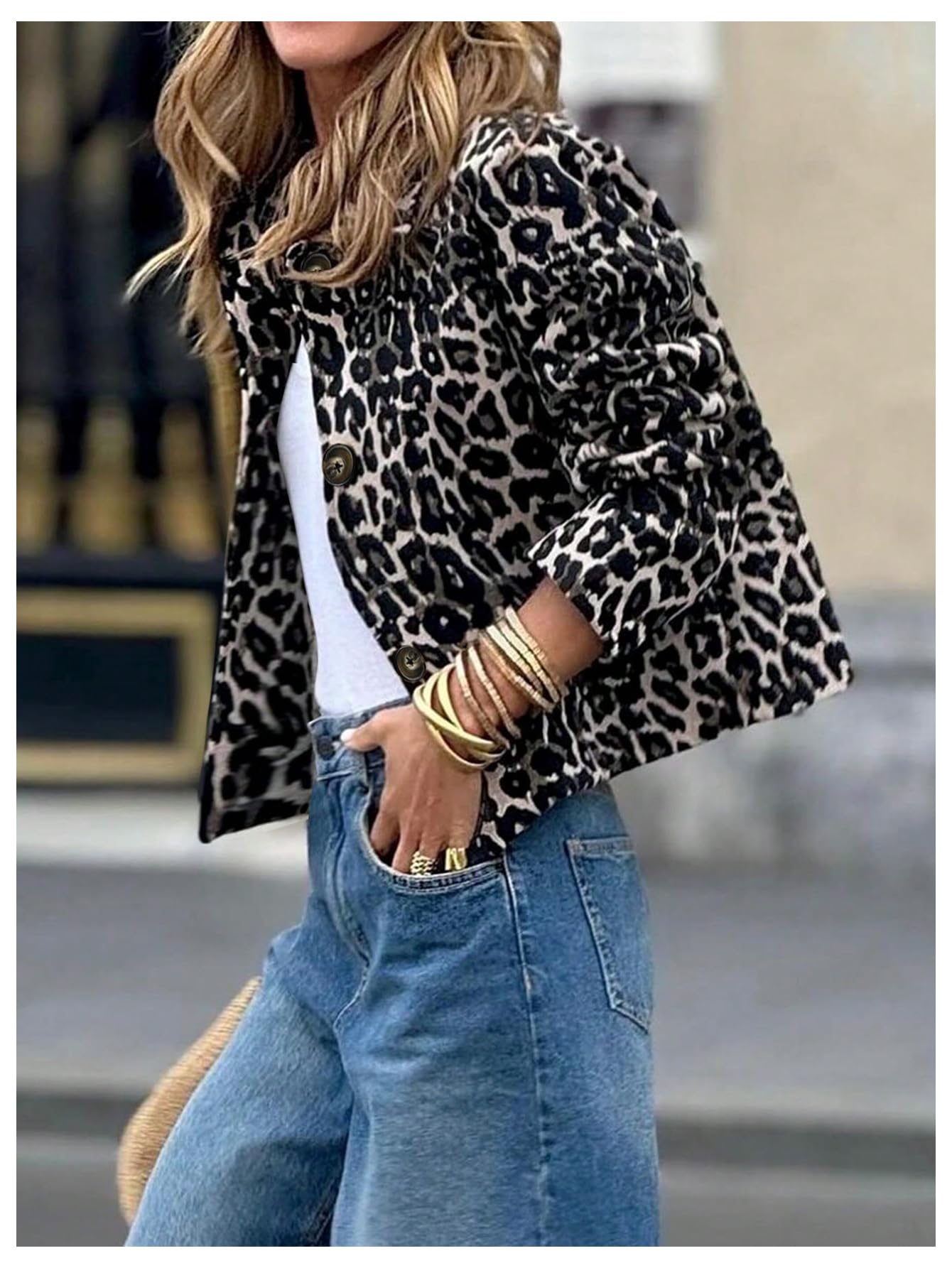 Floerns Women's Leopard Print Collared Neck Jacket Puff Long Sleeve Button Down Outwear Leopard Medium