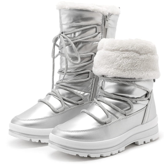 HEAWISH Women’s Winter Snow Boot Fur Lined Mid Calf Warm Boots(Silver, US8)