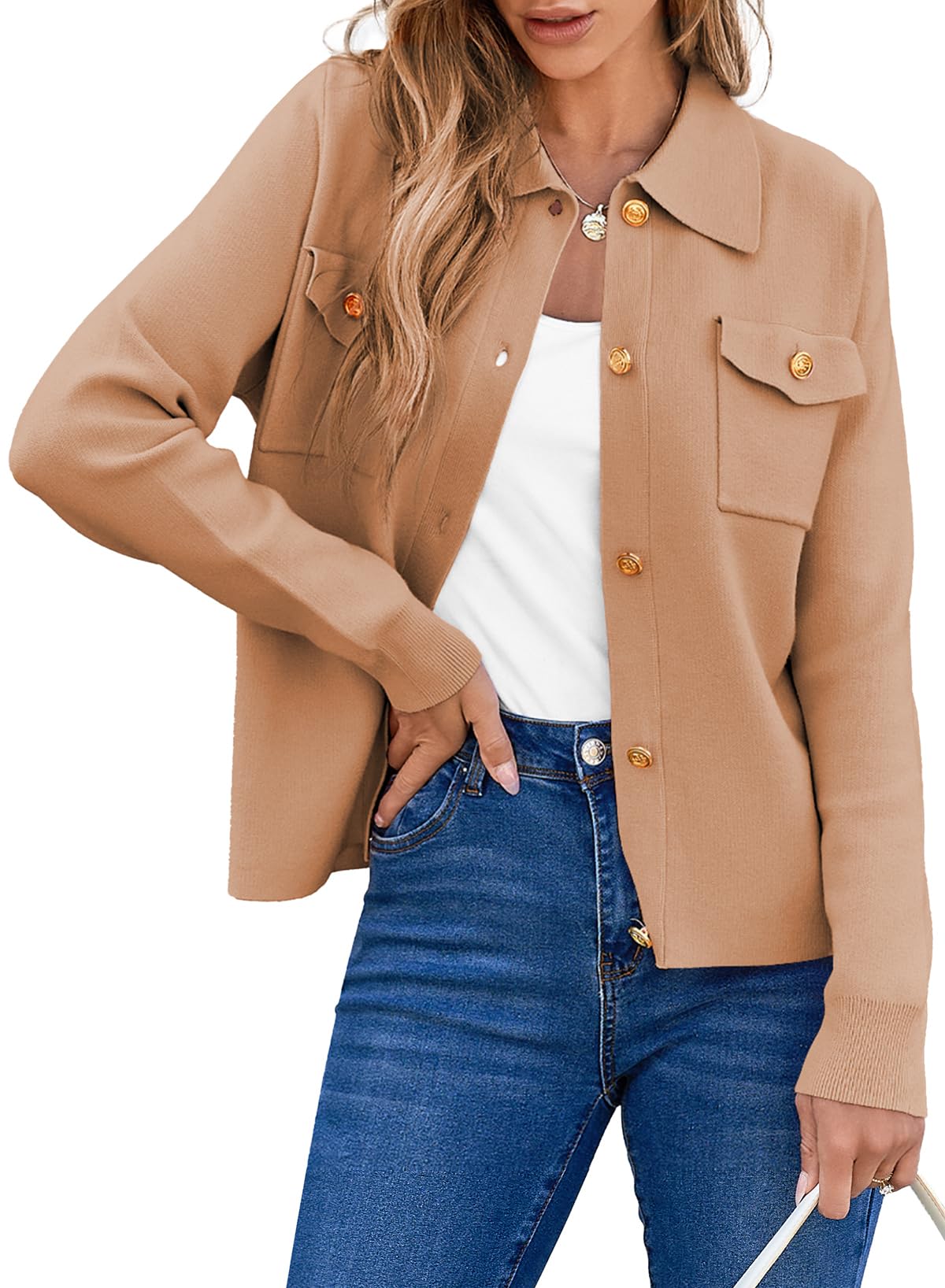 EVALESS Sweaters for Women Button Down Cardigan Fashion 2024 Crop Dressy Casual Outfits Fall Autumn Lightweight Long Sleeve Open Front Cable Knit Beige Cardigans Sweaters for Women Winter Coat, Medium