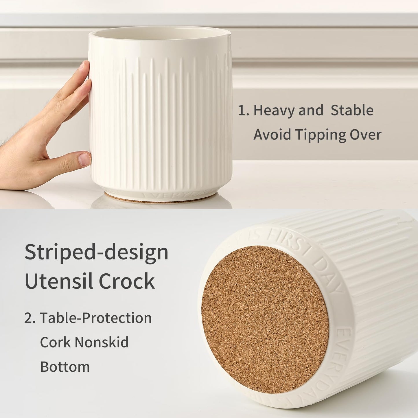 JIEMEI HOME Kitchen Utensil Holder, 7.2" Large Ceramic Stable Utensil Crock for Kitchen Counter, Utensil Holder with Cork Mat, Removable Bamboo Divider for Easy, Kitchen Decor and Accessories, White