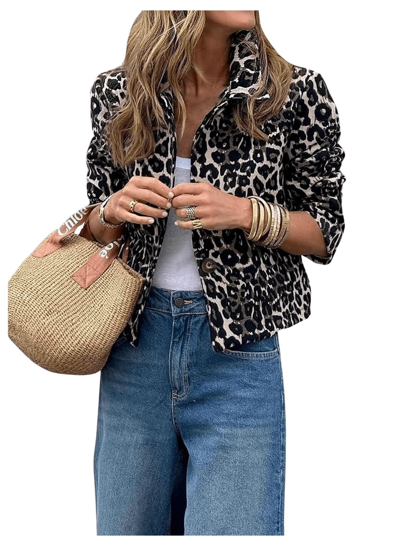 Floerns Women's Leopard Print Collared Neck Jacket Puff Long Sleeve Button Down Outwear Leopard Medium