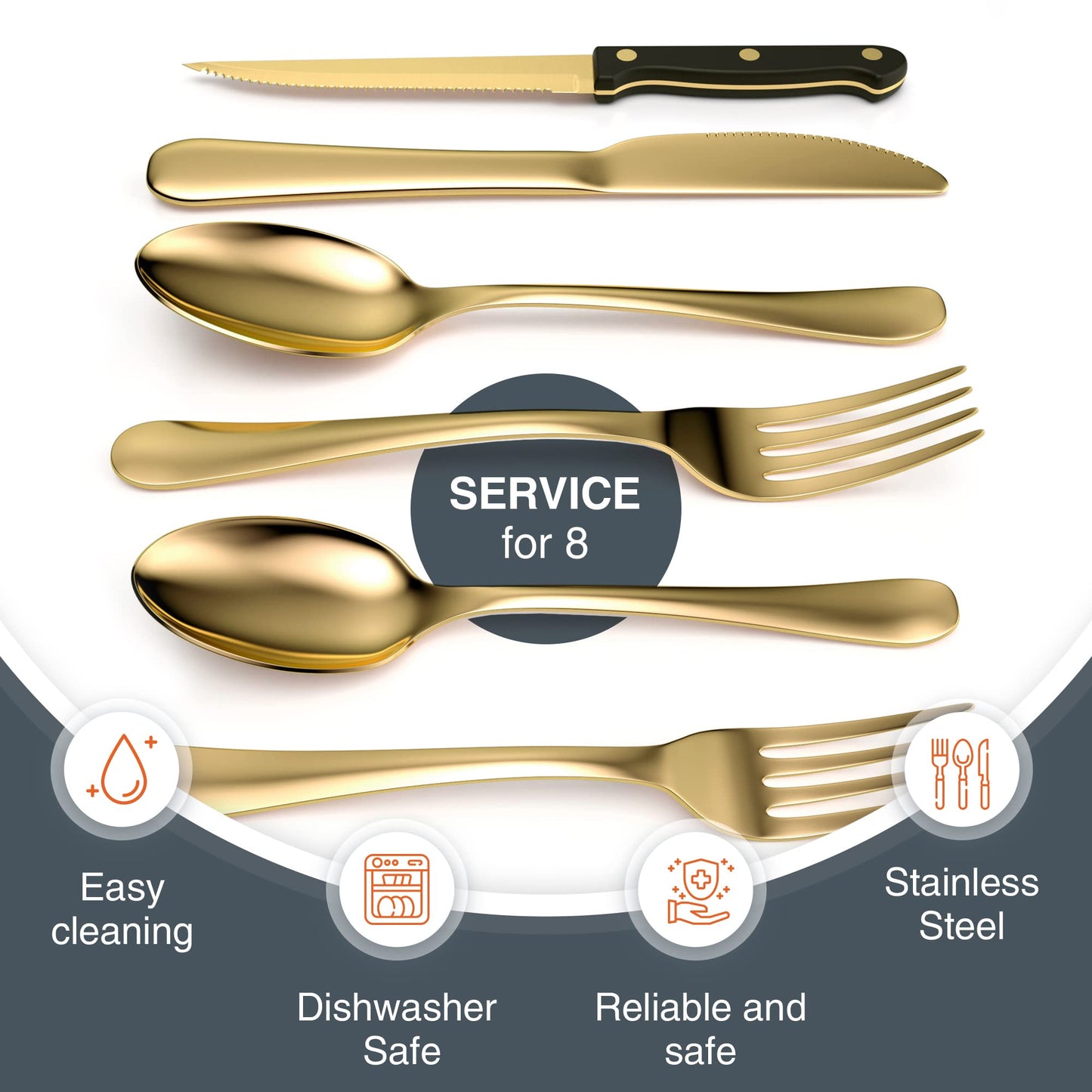 Tribal Cooking 49 Piece Gold Silverware Set - Service for 8 - Stainless Steel Gold Flatware serving set - Cutlery Set - Knives, Fork, and Spoon - Dishwasher Safe - Stunning Polished Finish