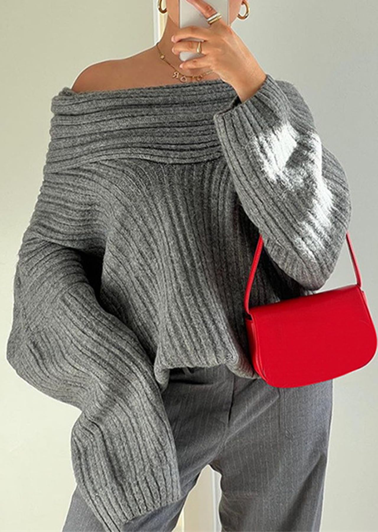 LETSVDO Womens Off Shoulder Pullover Sweaters Knitted Plus Size Dolman Sleeve Casual Oversized Loose Tunic Slouchy Sweaters Grey