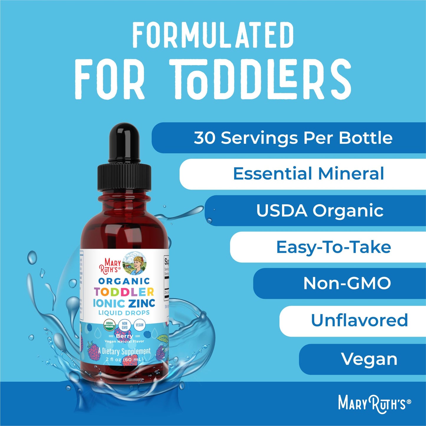 USDA Organic Toddler Liquid Zinc Drops by MaryRuth's | Zinc Sulfate | Immune Support Supplement| Skin Health | Vegan | Formulated for Ages 1-3 | Delicious Berry Flavor | 1 Month Supply | 2 Fl Oz